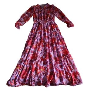 Skies Are Blue XS Semi Sheer Floral Metallic Tiered V-Neck Maxi Dress